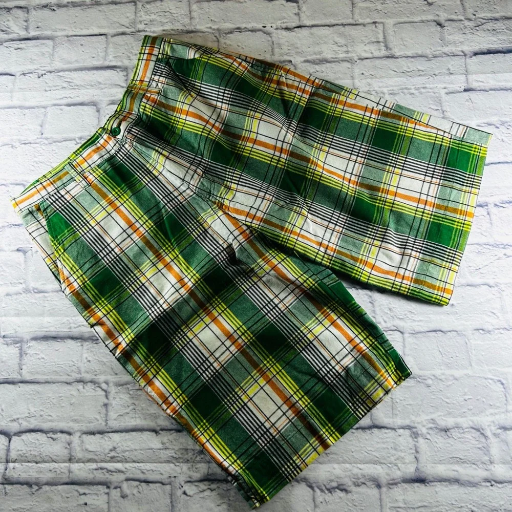 Noiz Mens Bermuda Golf Shorts Size 36 Green Orange Plaid Flat Front 100% Cotton